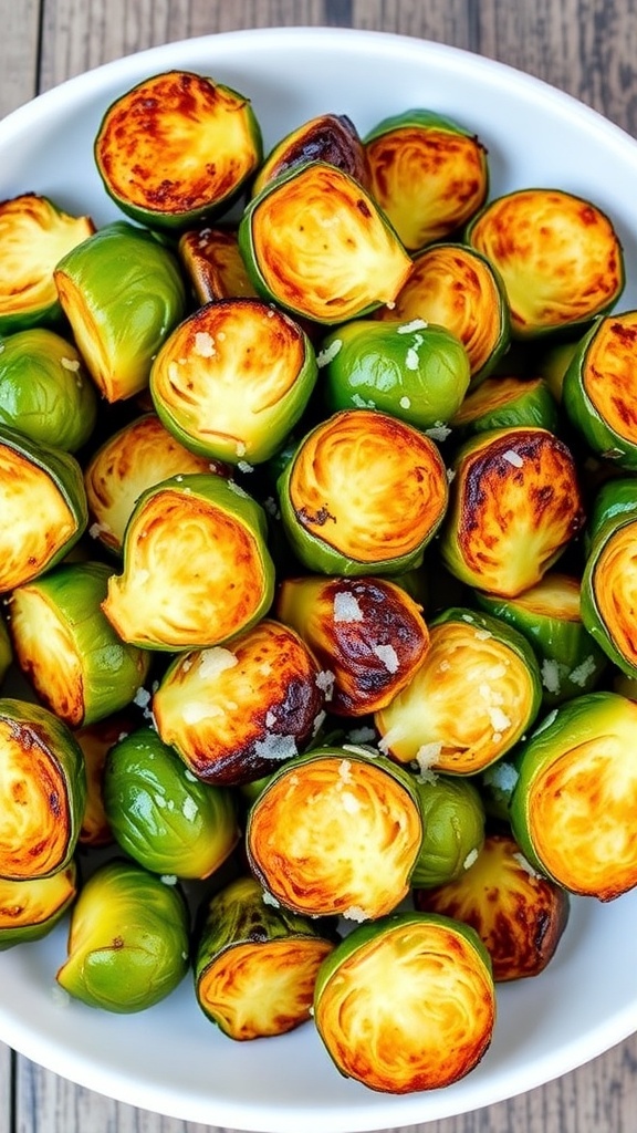 Crispy Air Fryer Brussels Sprouts and Zucchini Crispy air-fried Brussels sprouts and zucchini garnished with Parmesan cheese on a rustic wooden table.